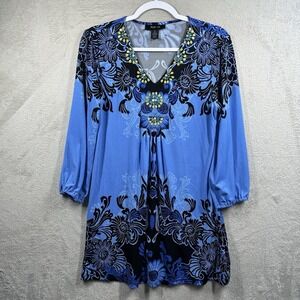 Style & Co Paisley Tunic Sz M Beaded V-neck Blue Stretch Wrinkle Resistant